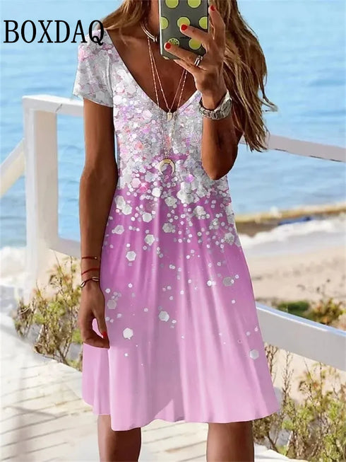 Short Sleeve Women's Casual Loose V-Neck Summer Dress Plus Size Fashion Print Party Dress